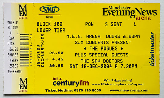 Pogues Original Unused Concert Ticket MEN Arena Manchester 18th Dec 2004