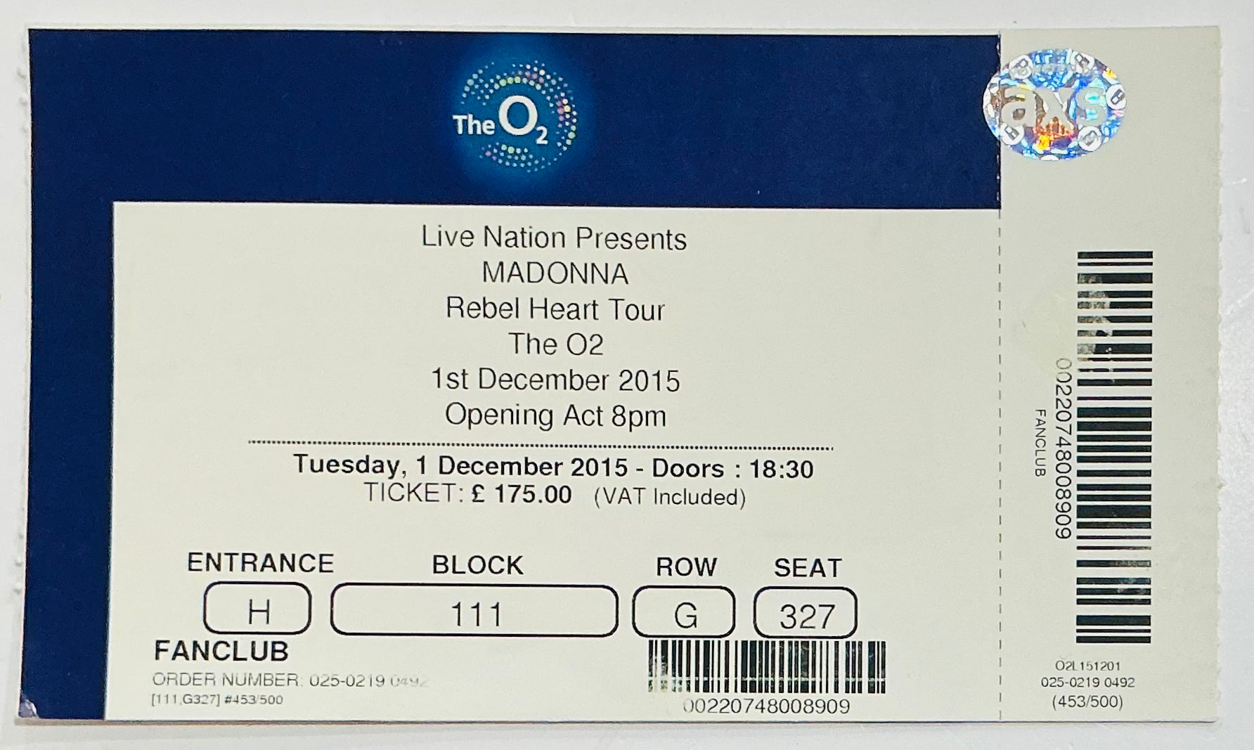 Madonna Original Used Concert Ticket O2 Arena London 1st Dec 2015