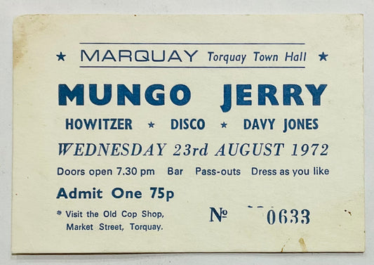 Mungo Jerry Original Concert Ticket Marquay Club Town Hall Torquay 1972