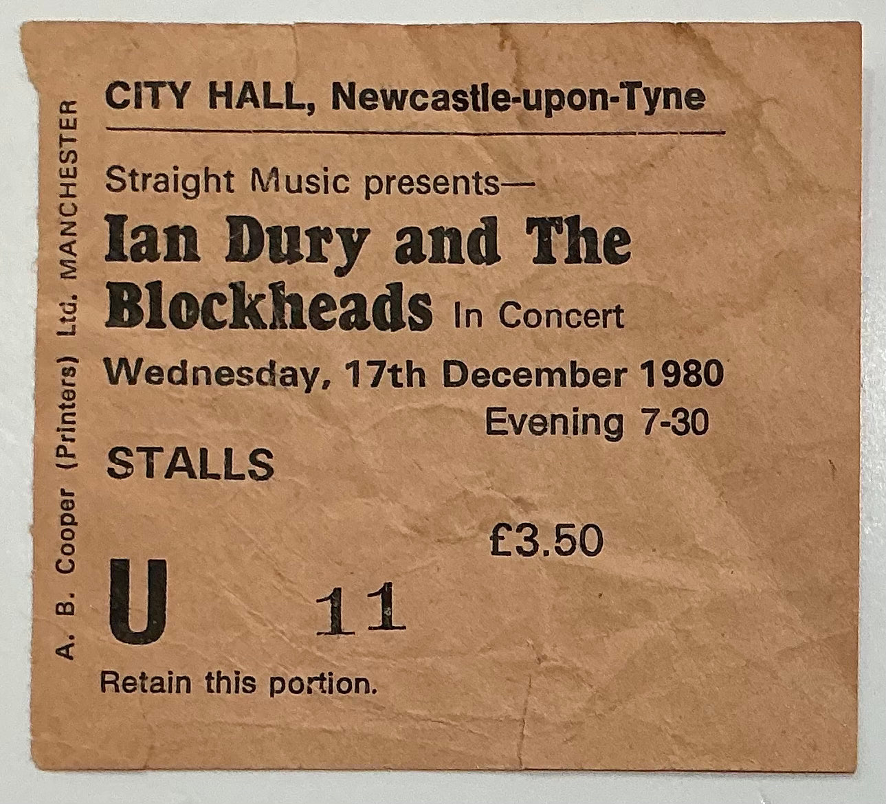 Ian Dury & the Blockheads Original Used Concert Ticket City Hall Newcastle 17th Dec 1980