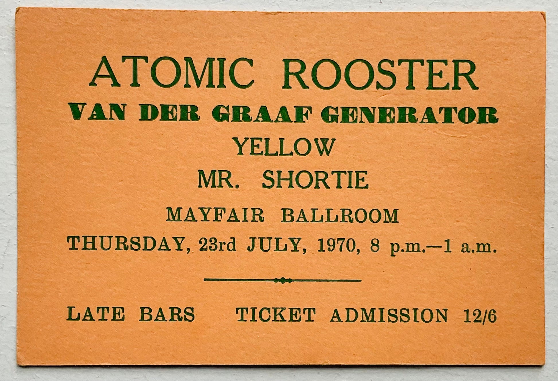 Atomic Rooster Van der Graaf Generator Original Used Concert Ticket Mayfair Ballroom Newcastle 23rd Jul 1970