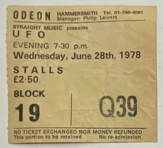 U.F.O. UFO Original Used Concert Ticket Hammersmith Odeon London 28th Jun 1978