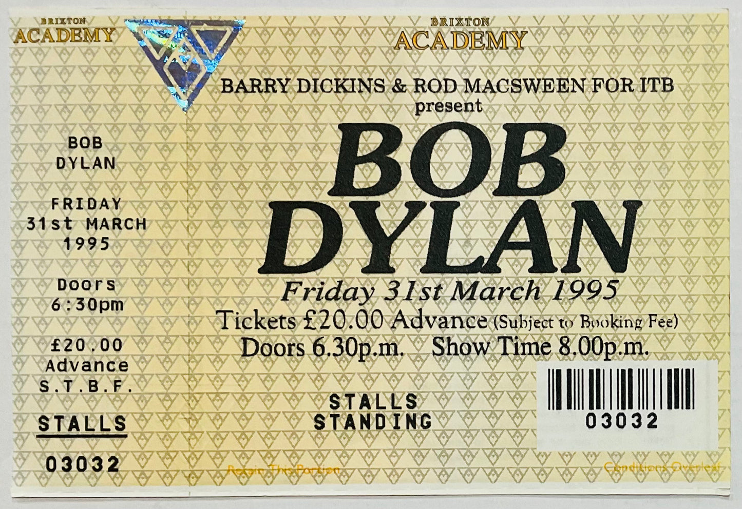 Bob Dylan Original Unused Concert Ticket Brixton Academy London 31st March 1995