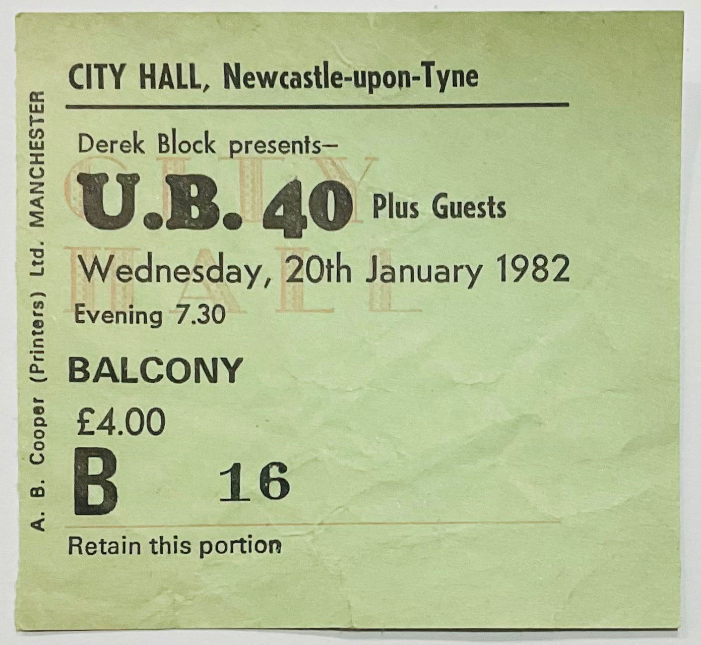 UB40 Original Used Concert Ticket City Hall Newcastle 20th Jan 1982