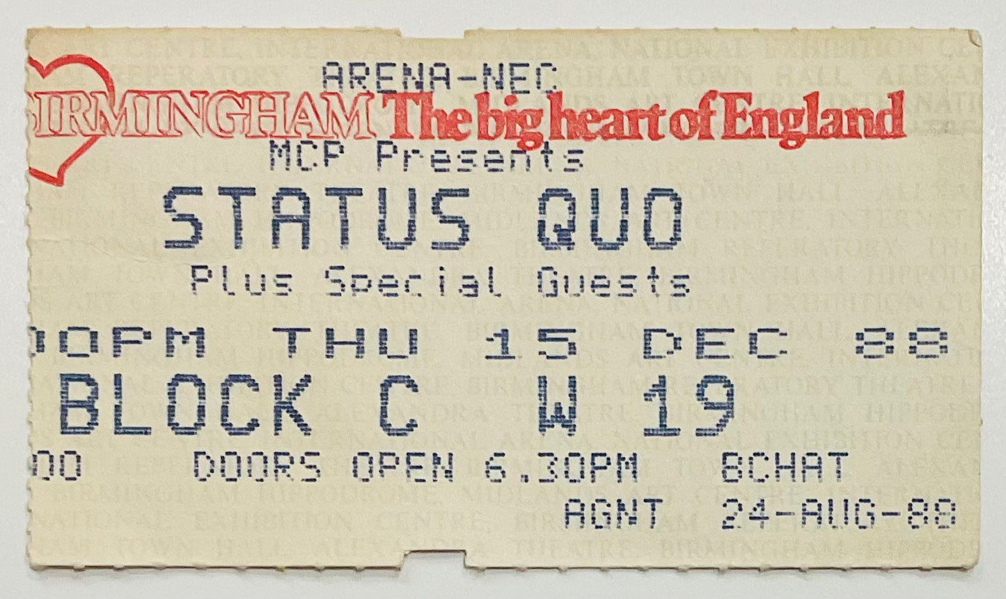 Status Quo Original Used Concert Ticket NEC Arena Birmingham 15th Dec 1988