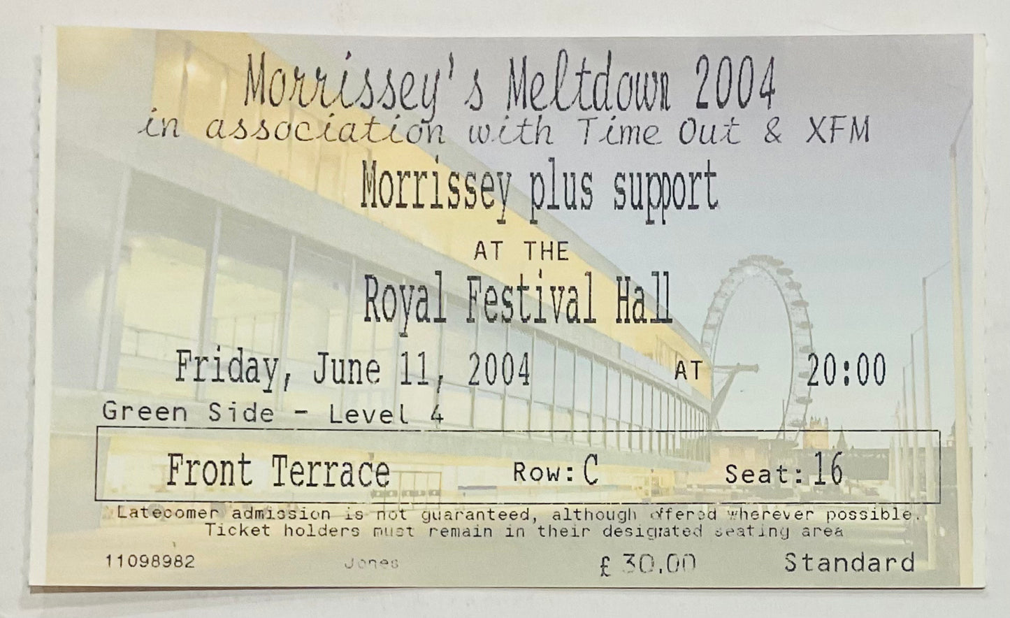 Morrissey Original Used Concert Ticket Royal Festival Hall London 11th June 2004