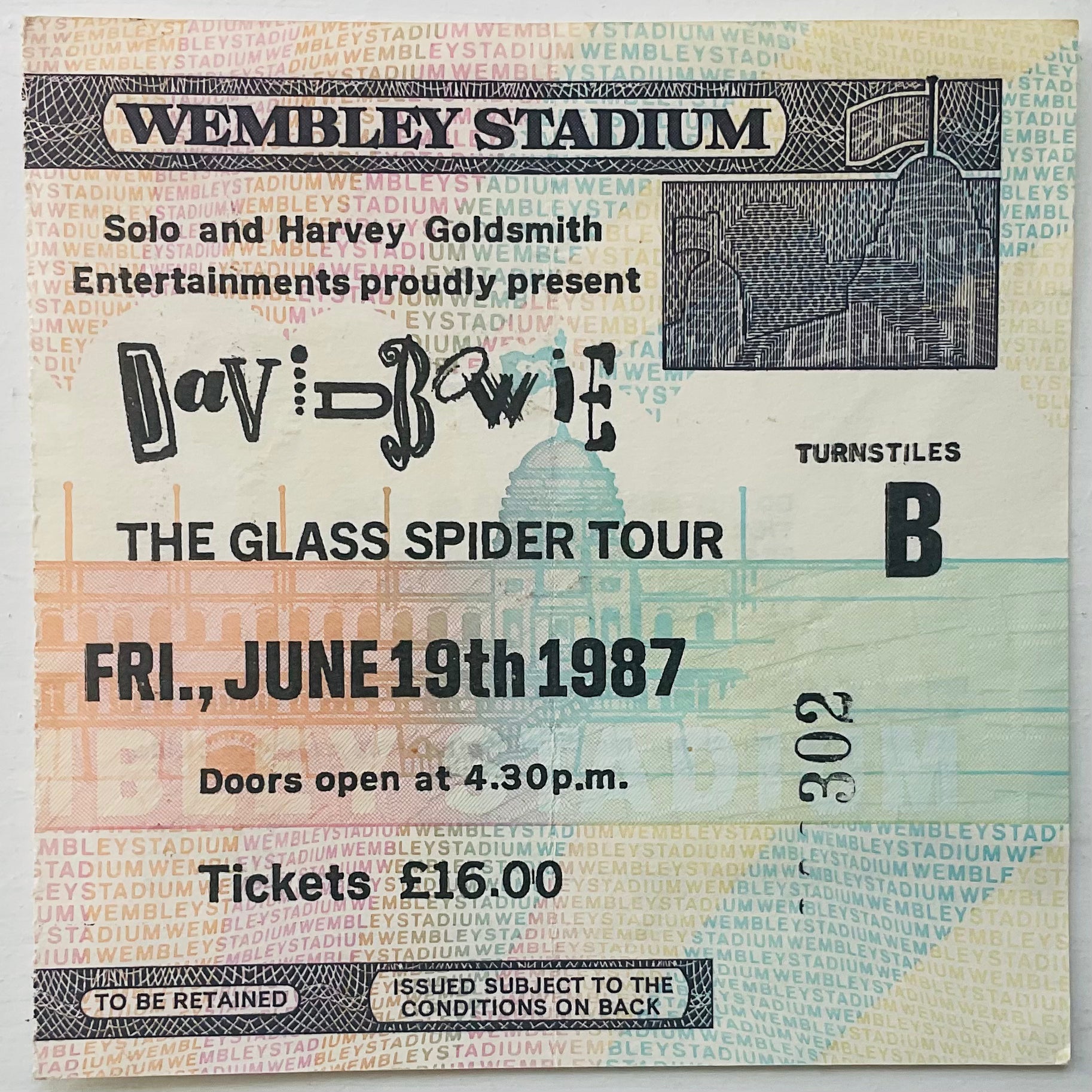 David Bowie Original Used Concert Ticket Wembley Stadium London 19th June 1987