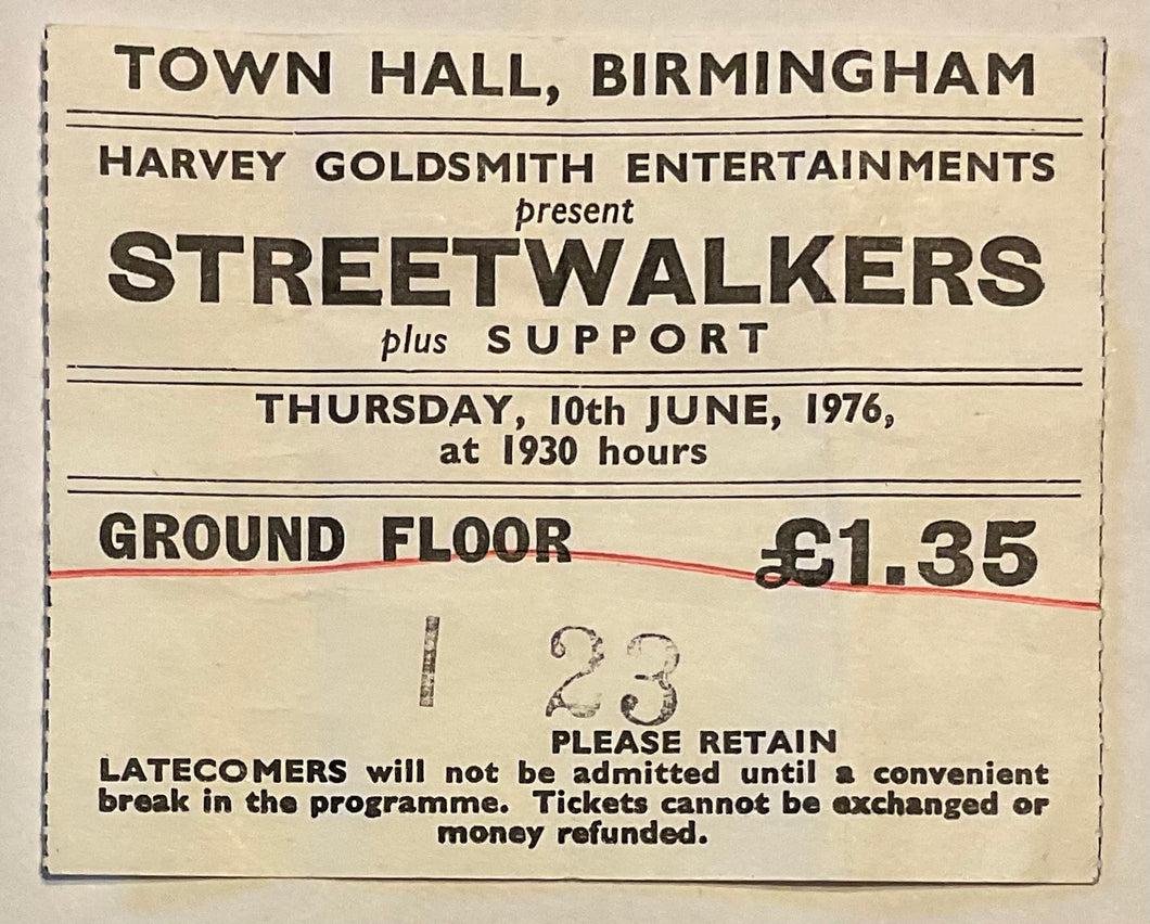 Streetwalkers Original Used Concert Ticket Town Hall Birmingham 10th Jun 1976
