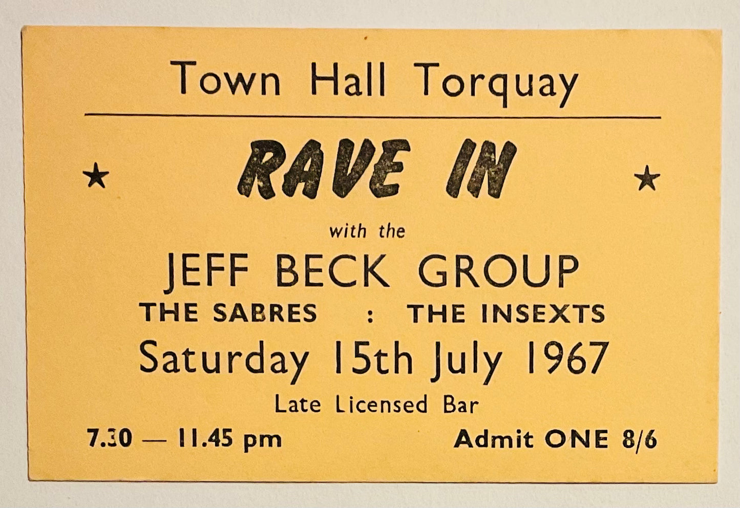 Jeff Beck Original Used Concert Ticket Torquay Town Hall 15th Jul 1967