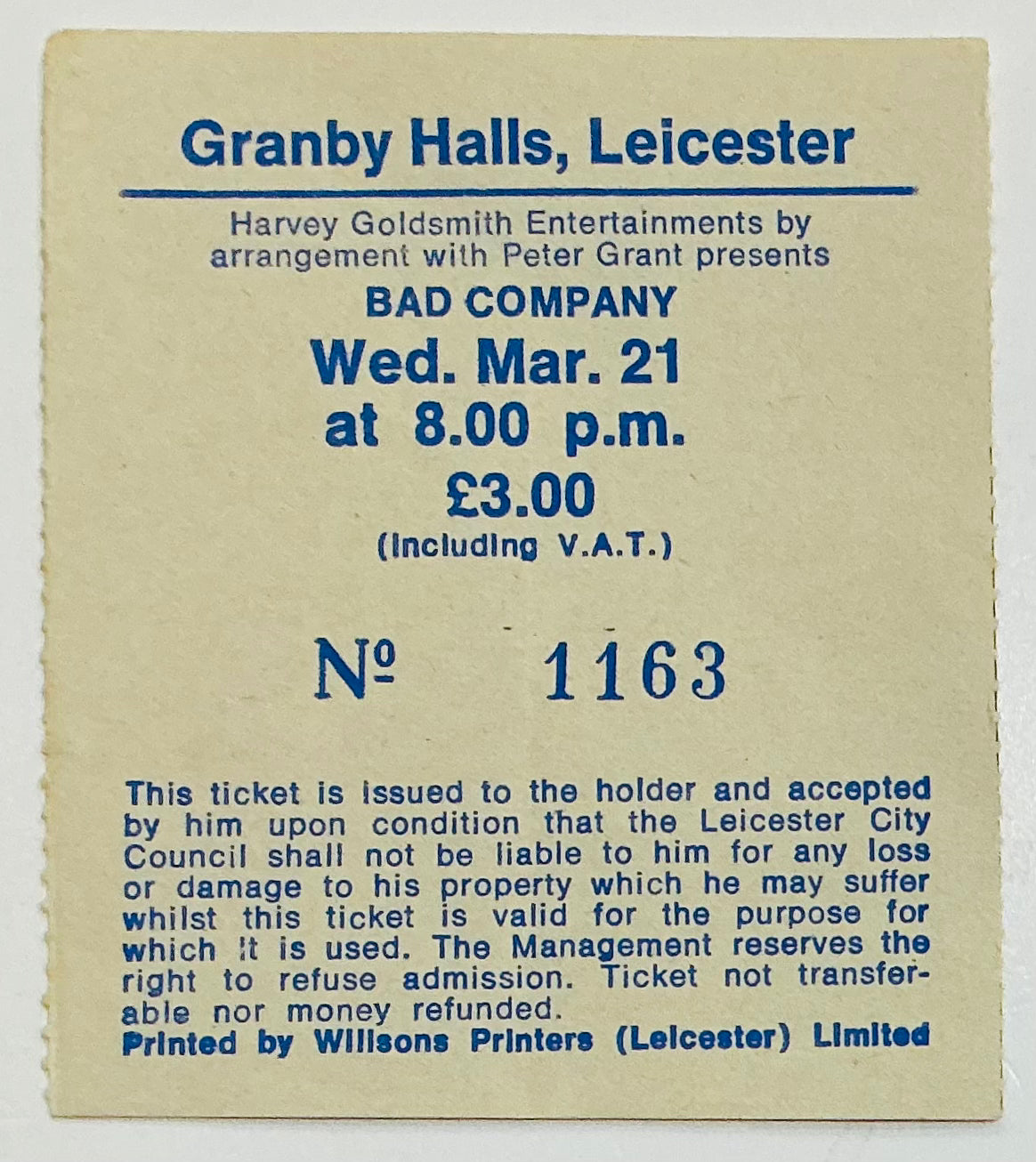 Bad Company Original Used Concert Ticket Granby Halls Leicester 21st Mar 1979