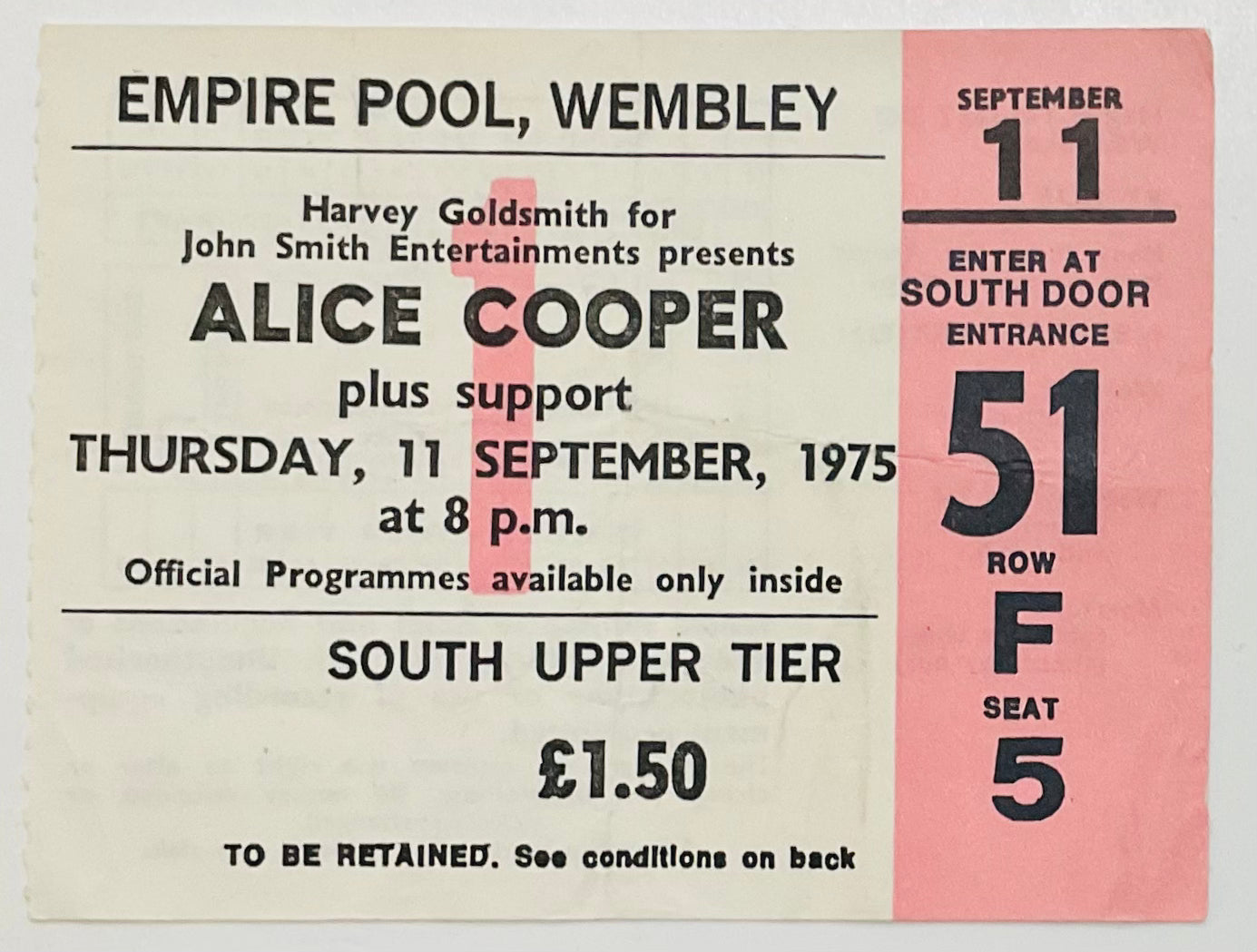 Alice Cooper Original Used Concert Ticket Empire Pool Wembley London 11th Dec 1975
