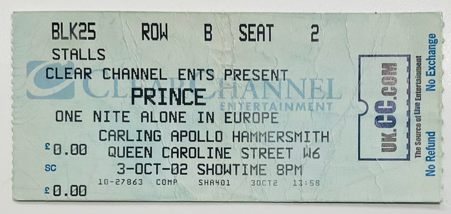 Prince Original Used Concert Ticket Hammersmith Apollo London 3rd Oct 2002