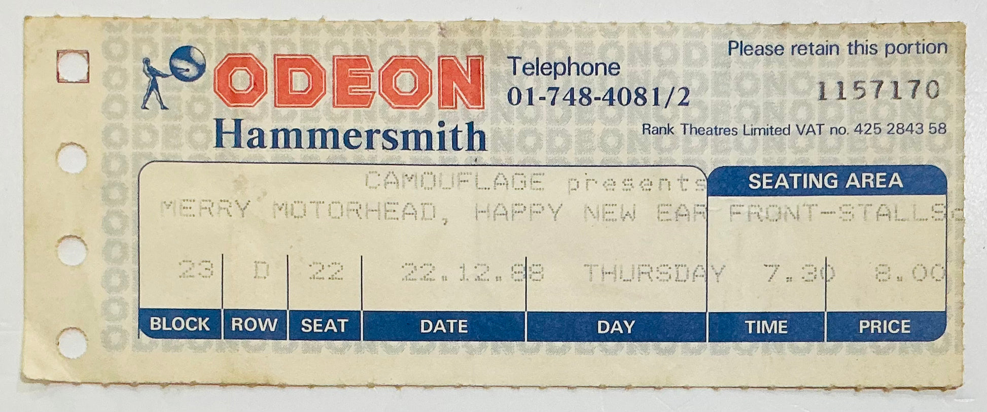 Motorhead Original Used Concert Ticket Hammersmith Odeon London 22nd Dec 1988