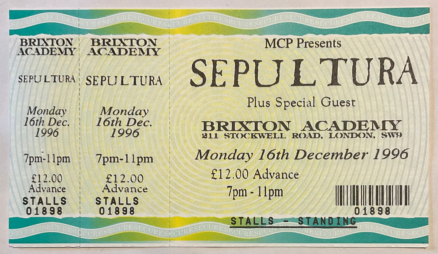 Sepultura Original Unused Concert Ticket Brixton Academy London 16th Dec 1996