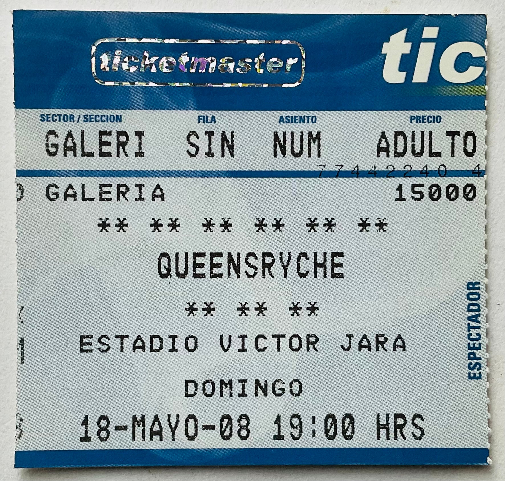 Queensryche Original Used Concert Ticket Estadio Victor Jara Santiago 18th May 2008