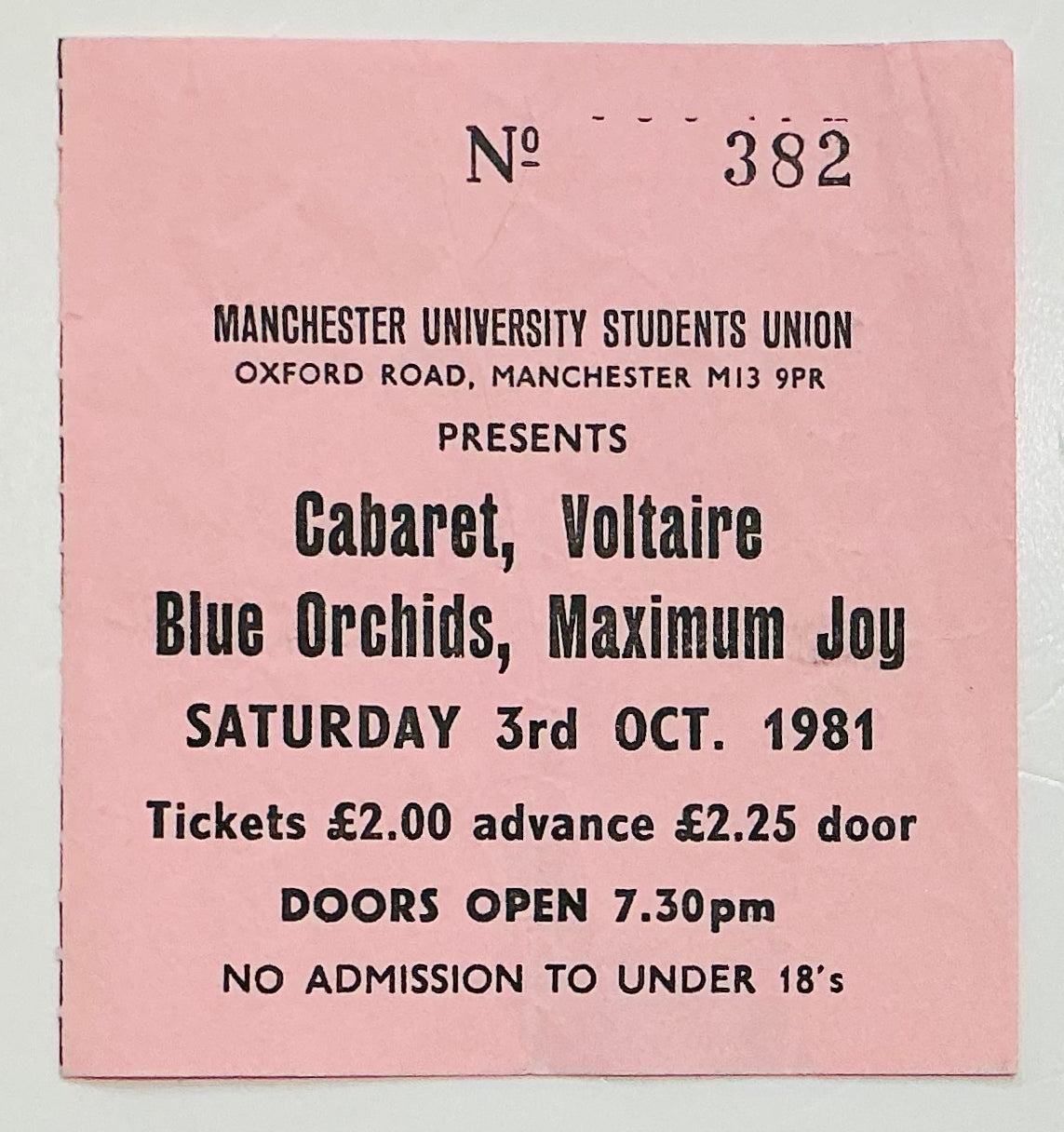 Cabaret Voltaire Blue Orchids Original Used Concert Ticket Manchester University 3rd Oct 1981