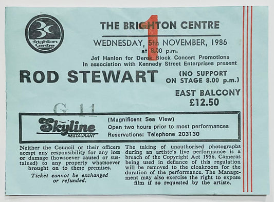 Rod Stewart Original Used Concert Ticket Brighton Centre 5th Nov 1986