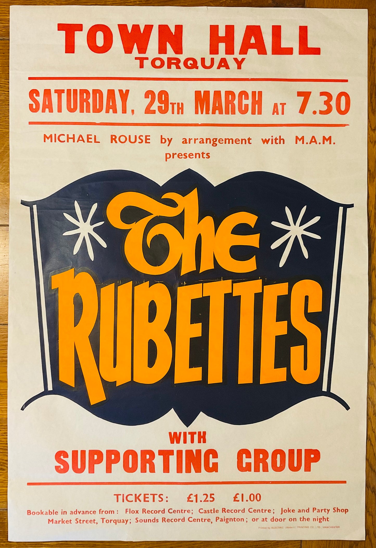 Rubettes Original Promo Concert Tour Gig Poster Town Hall Torquay 29th Mar 1975