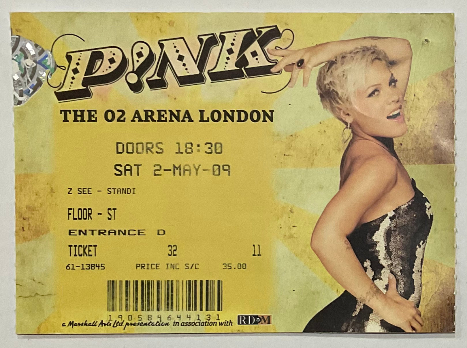 P!nk Pink Original Used Concert Ticket O2 Arena London 2nd May 2009