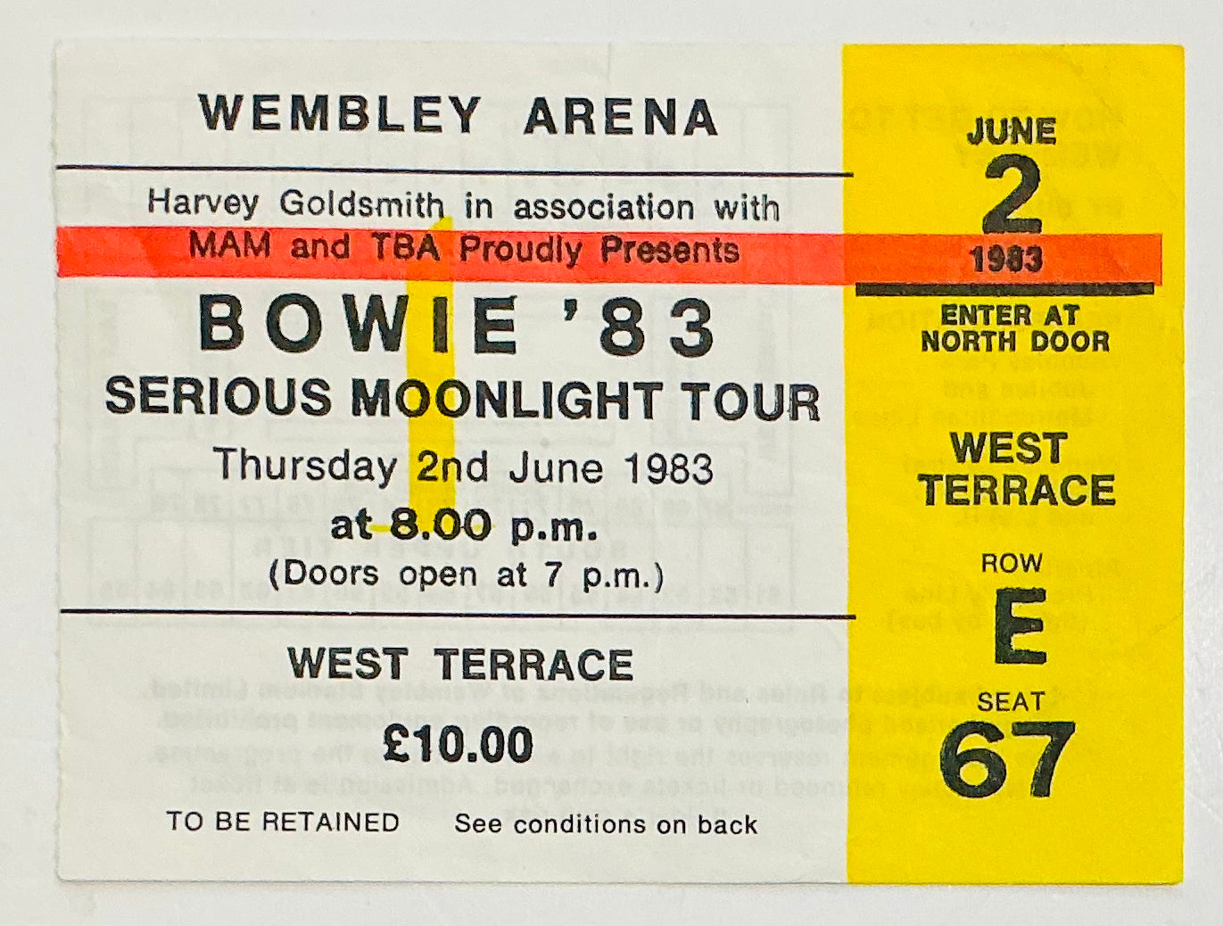 David Bowie Original Used Concert Ticket Wembley Arena London 2nd Jun 1983