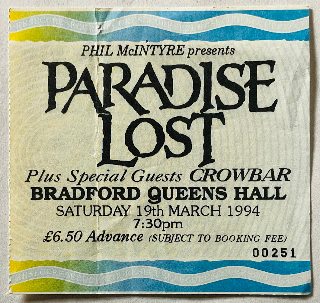 Pardise Lost Original Used Concert Ticket Queens Hall Bradford 19th Mar 1994