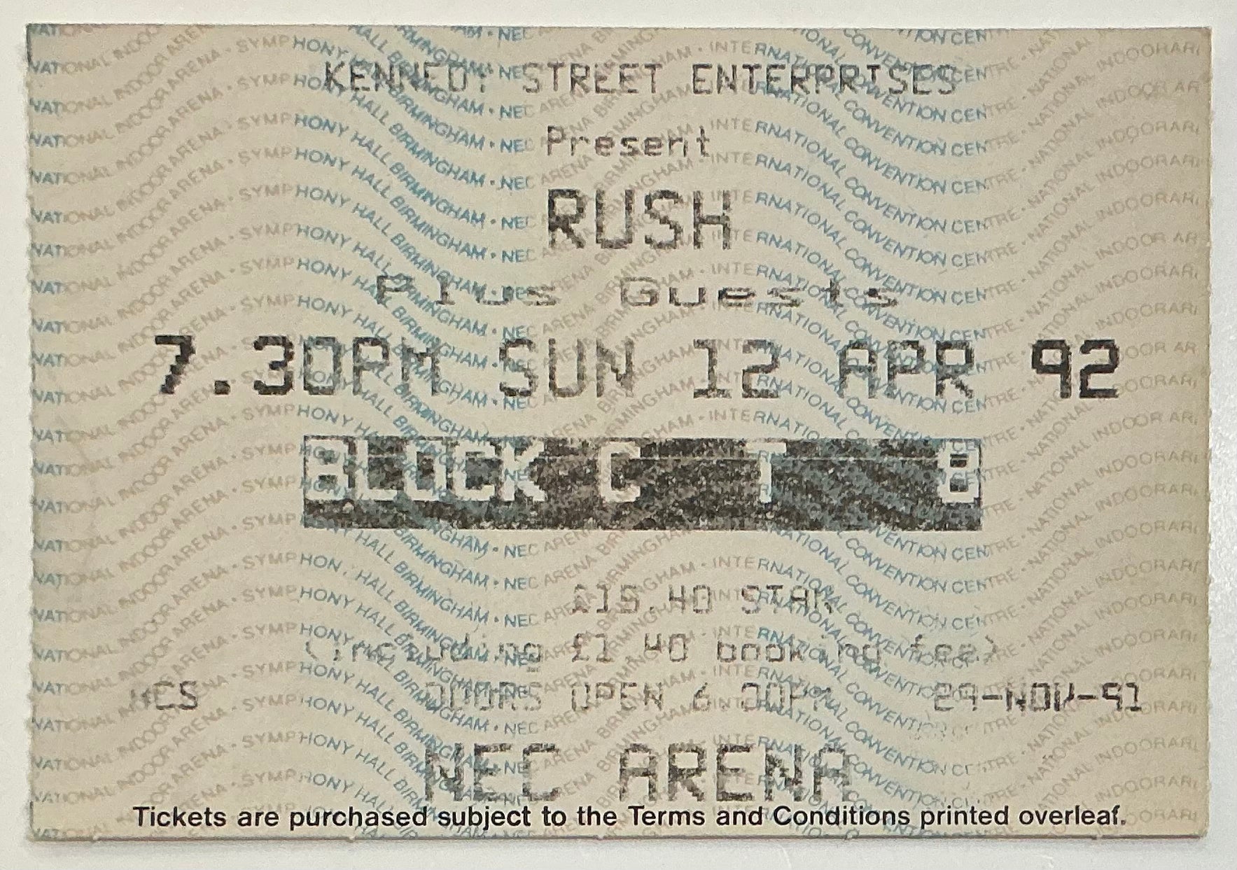 Rush Original Used Concert Ticket NEC Arena Birmingham 12th Apr 1992