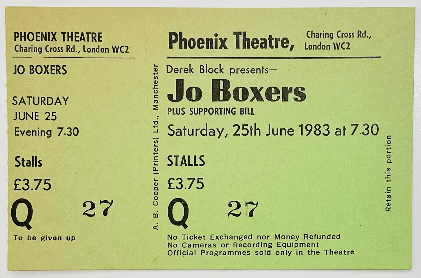 Jo Boxers Original Unused Concert Ticket Phoenix Theatre London 25th Jun 1983