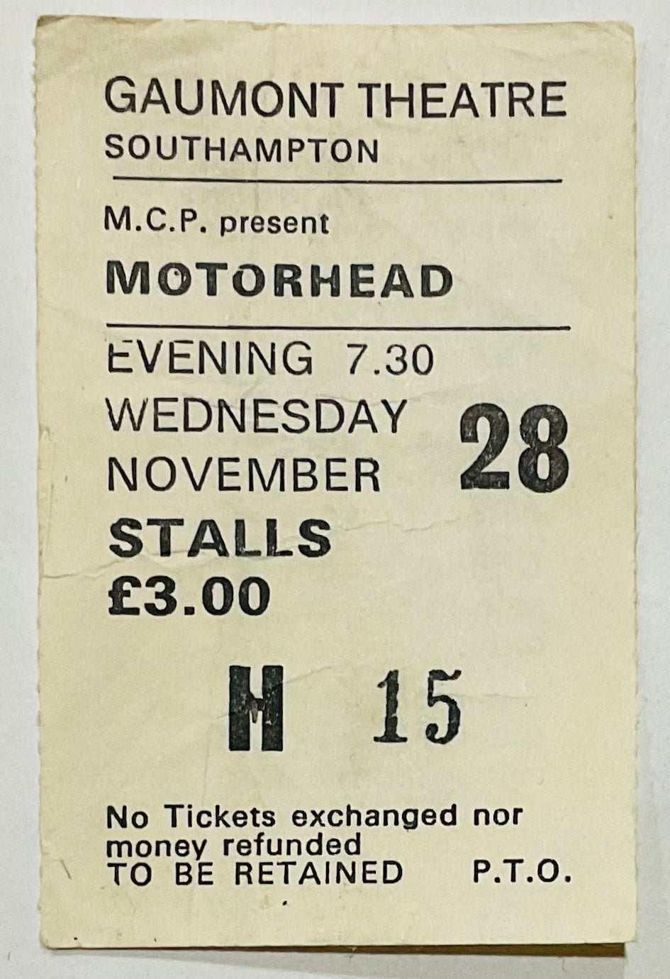 Motorhead Original Used Concert Ticket Gaumont Theatre Southampton 28th Nov 1979