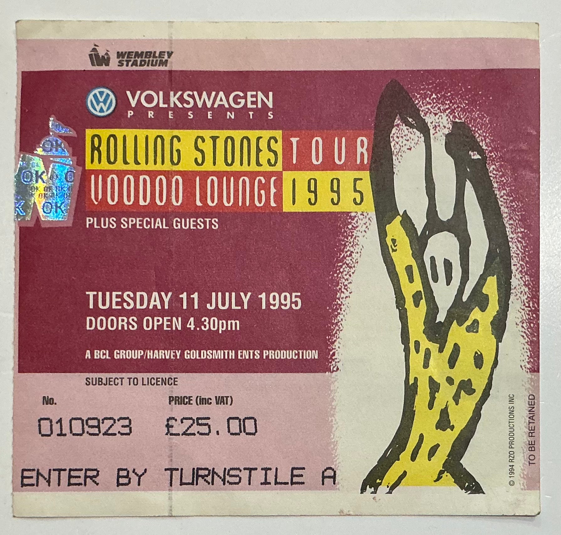 Rolling Stones Original Used Concert Ticket Wembley Stadium London 11th Jul 1995