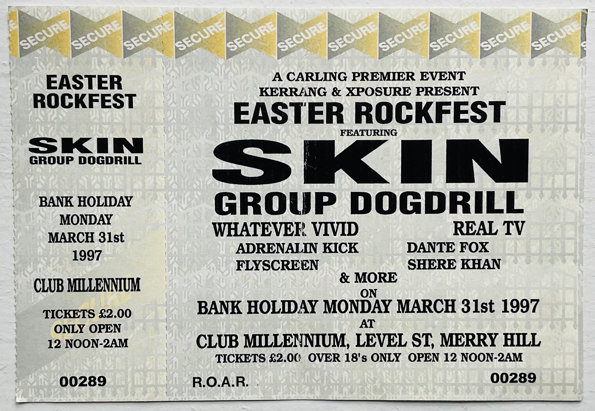 Skunk Anansie Skin Original Unused Concert Ticket Club Millennium Dudley 31st Mar 1997