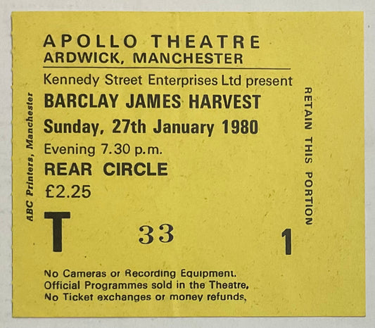 Barclay James Harvest Original Used Concert Ticket Apollo Theatre Manchester 27th Jan 1980