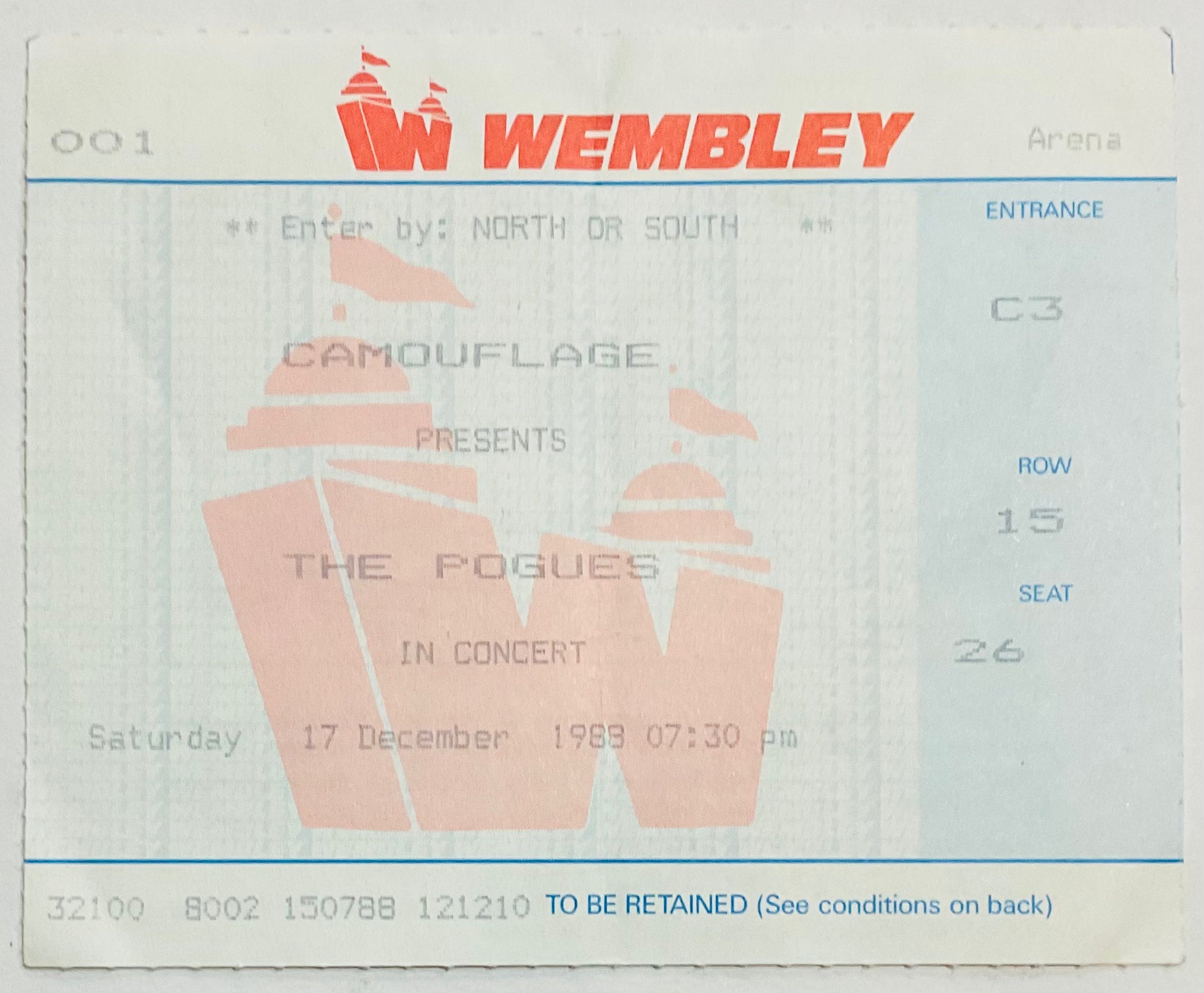 Pogues Original Used Concert Ticket Wembley Arena London 17th Dec 1988