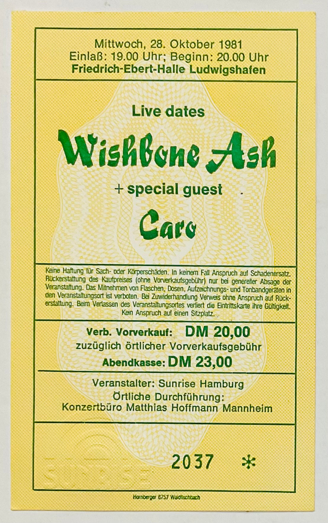 Wishbone Ash Original Used Concert Ticket Friedrich Ebert Halle Ludwigshafen 28th Oct 1981