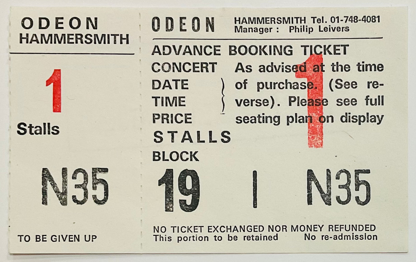 Graham Parker Original Unsed Concert Ticket Hammersmith Odeon London 11th Apr 1982