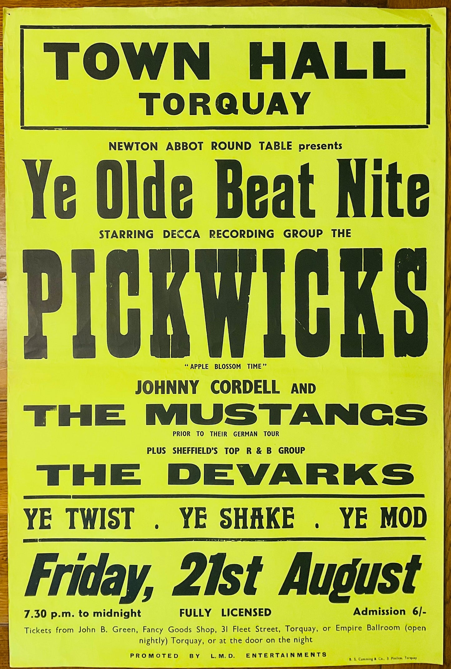 Pickwicks The Devarks Original Concert Gig Poster Town Hall Torquay 21st Aug 1964