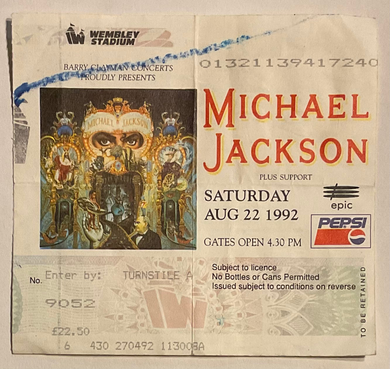 Michael Jackson Original Used Ticket Wembley Stadium London 22nd Aug 1992