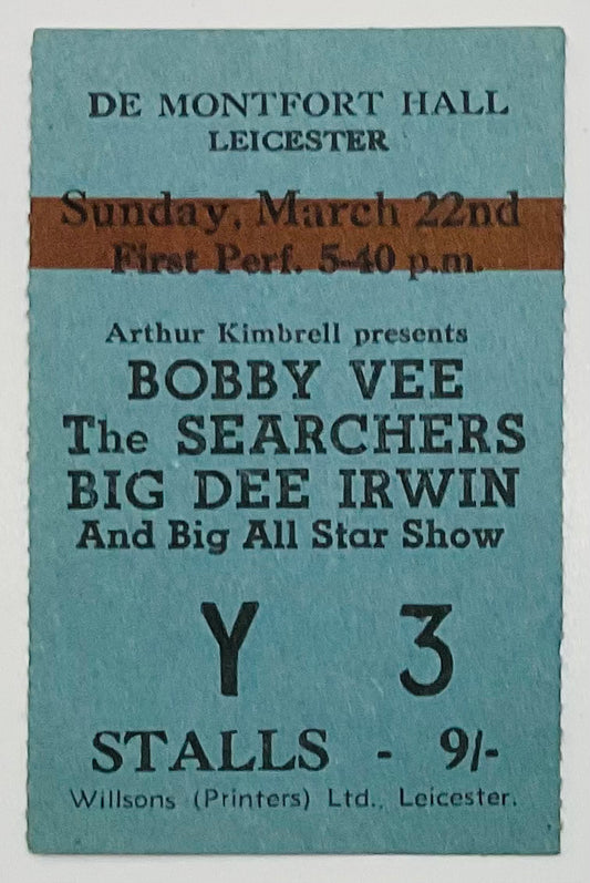 Bobby Vee The Searchers Original Used Concert Ticket De Montfort Hall Leicester 22nd Mar 196