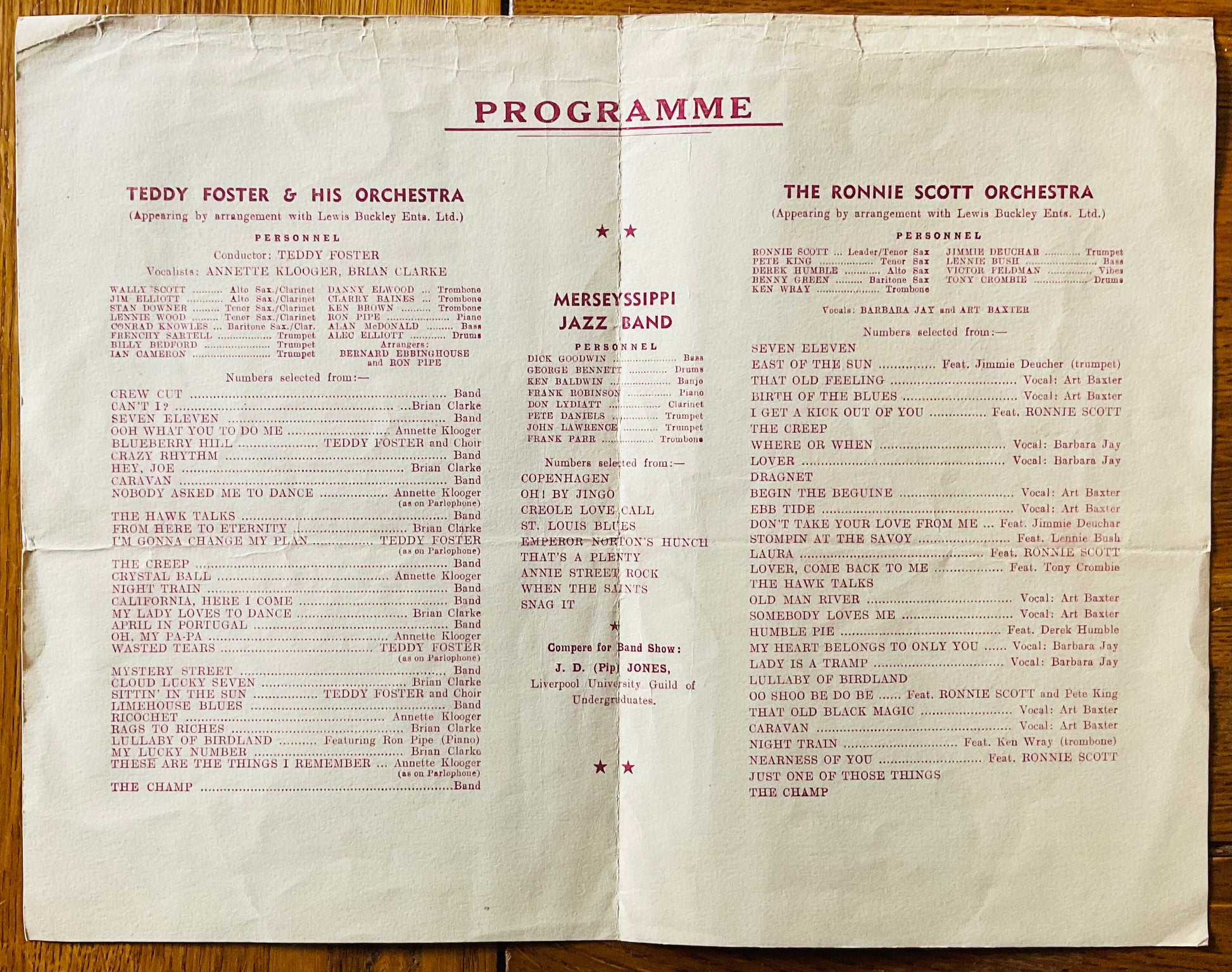 Ronnie Scott Orchestra Teddy Foster Merseyssippi Jazz Band Original Concert Programme Liverpool Stadium 14th Feb 1954