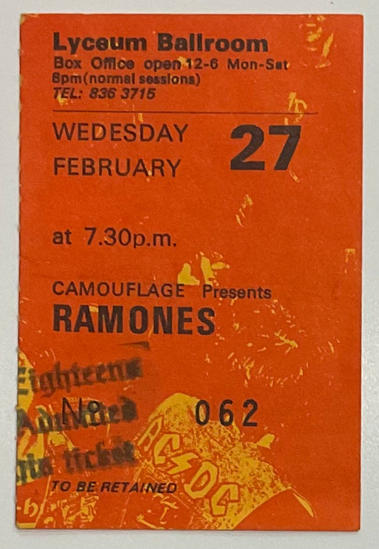 Ramones Original Used Concert Ticket Lyceum Ballroom London 27th Feb 1985