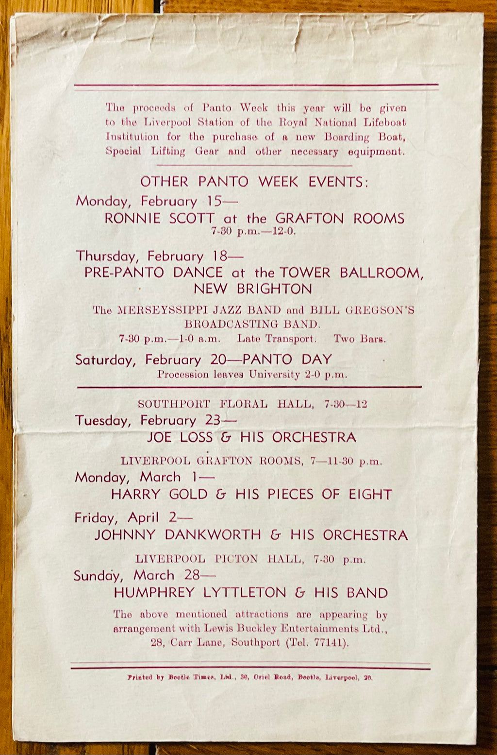 Ronnie Scott Orchestra Teddy Foster Merseyssippi Jazz Band Original Concert Programme Liverpool Stadium 14th Feb 1954