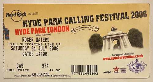 Pink Floyd Roger Waters Original Used Concert Ticket Hyde Park London 1st Jul 2006