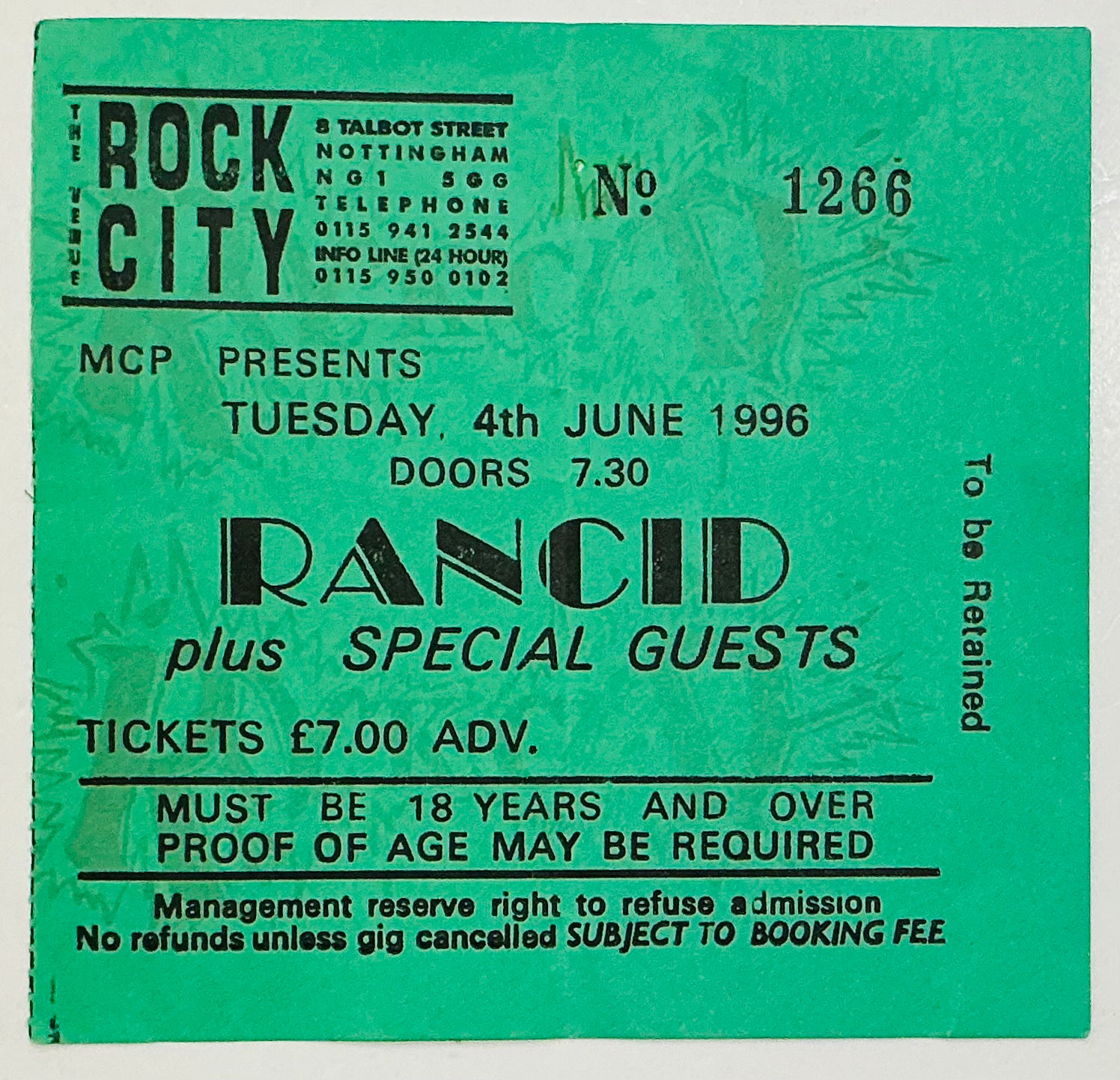 Rancid Original Used Concert Ticket Rock City Nottingham 4th June 1996