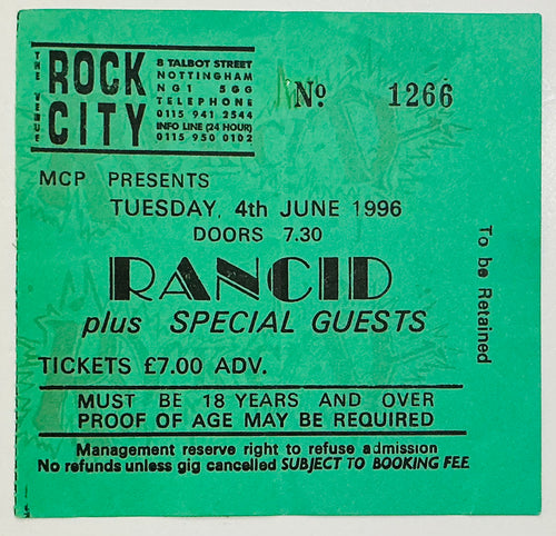 Rancid Original Used Concert Ticket Rock City Nottingham 4th June 1996