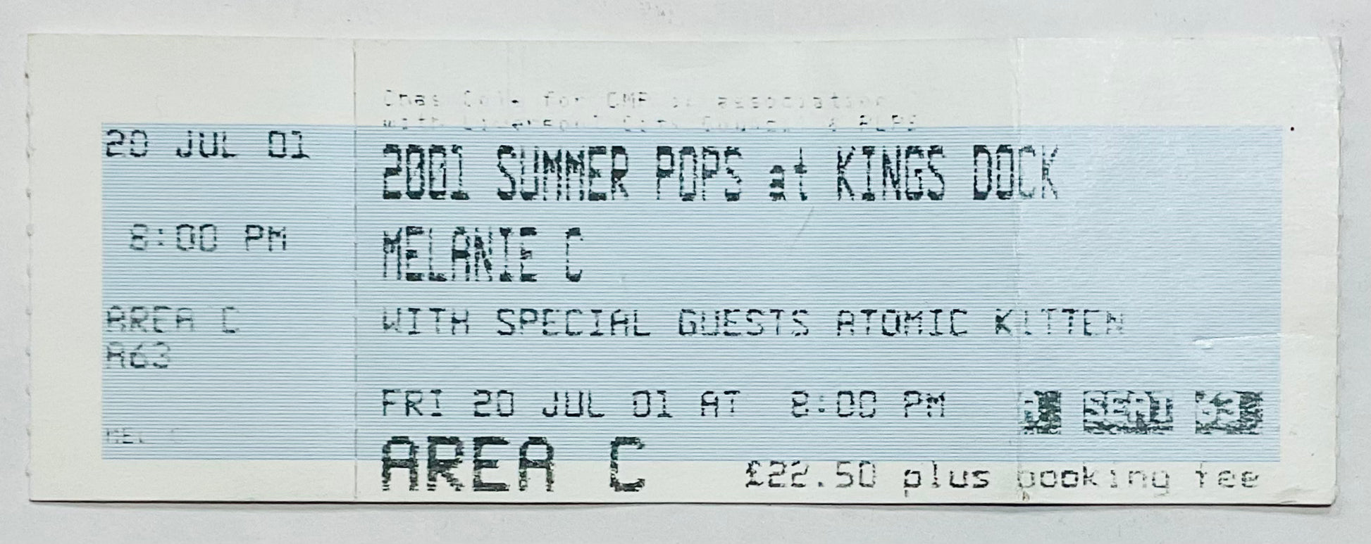 Melanie C Mel C Atomic Kitten Original Unused Concert Ticket Kings Dock Liverpool 20th Jul 2001