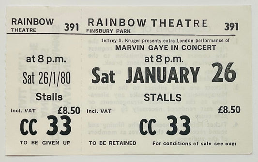 Marvin Gaye Original Unused Concert Ticket  Rainbow Theatre London 26th Jan 1980