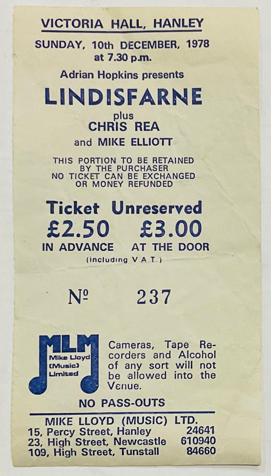 Lindisfarne Original Used Concert Ticket Victoria Hall Hanley 10th Dec 1978