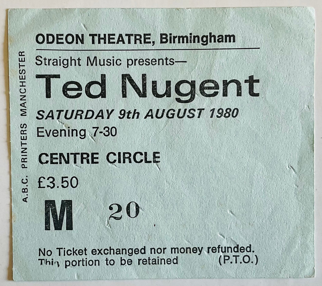 Ted Nugent Original Used Concert Ticket Odeon Theatre Birmingham 9th Aug 1980