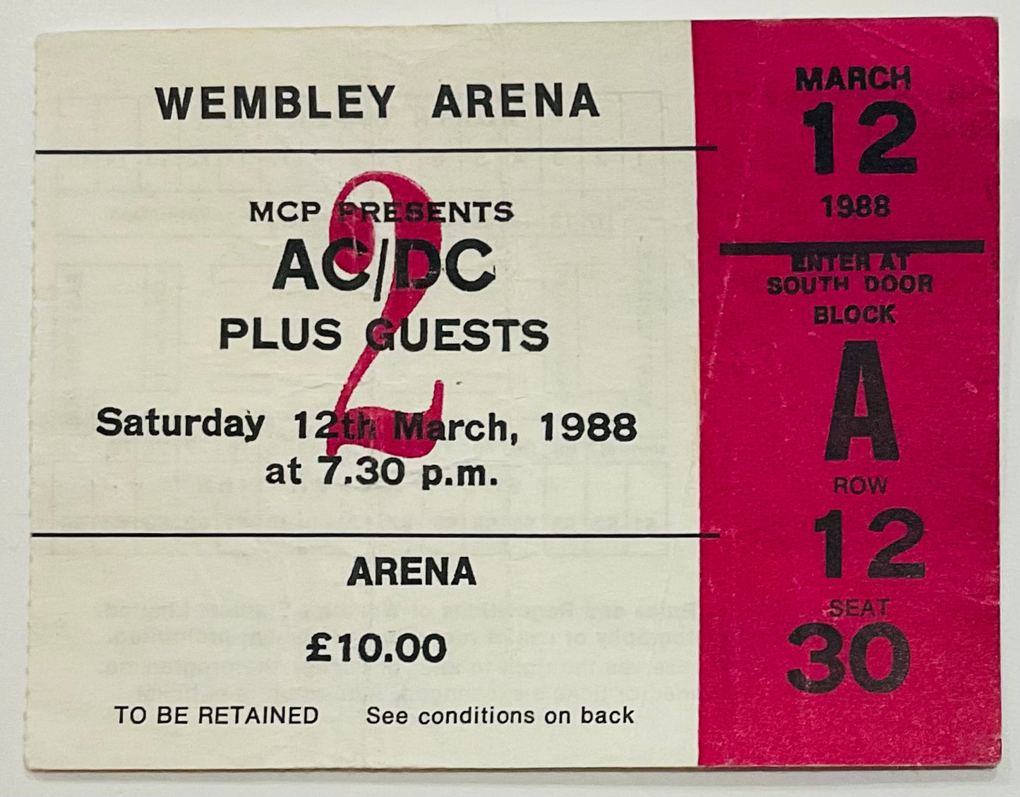 AC/DC Original Used Concert Ticket Wembley Arena London 12th Mar 1988