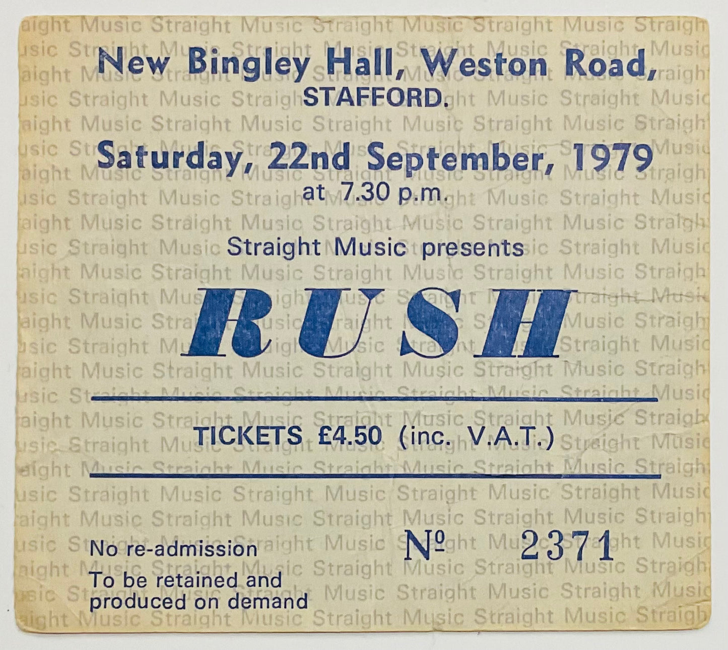 Rush Original Used Concert Ticket New Bingley Hall Stafford 22nd Sep 1979