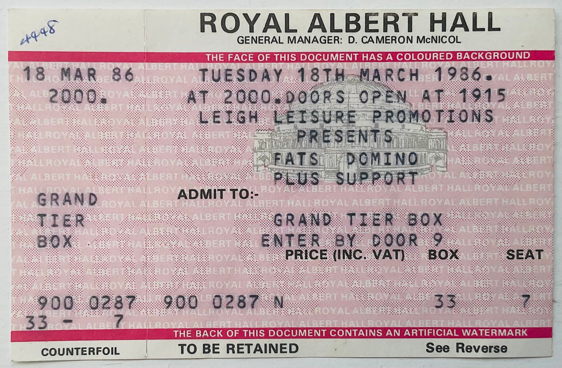 Fats Domino Original Unused Concert Ticket Royal Albert Hall London 18th Mar 1986
